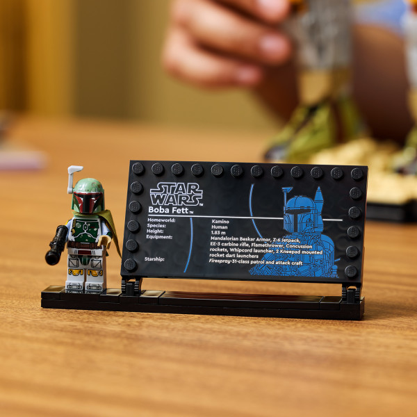 Display with the matching Boba Fett LEGO minifigure and info plaque.