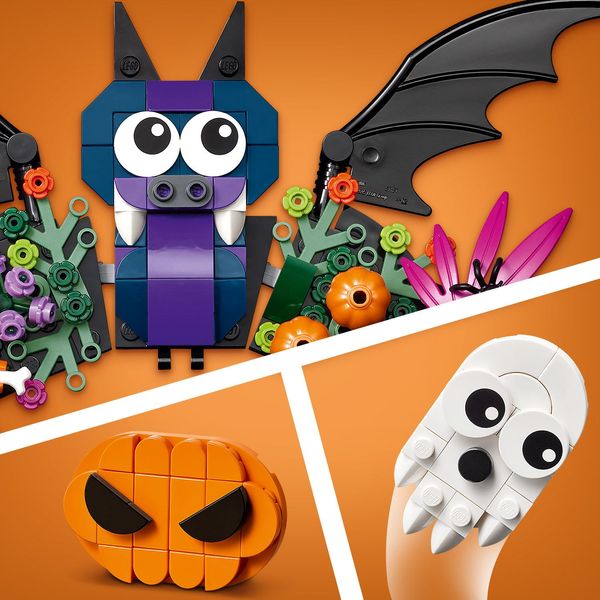 Includes a large bat, pumpkins, a ghost and a spider’s web.