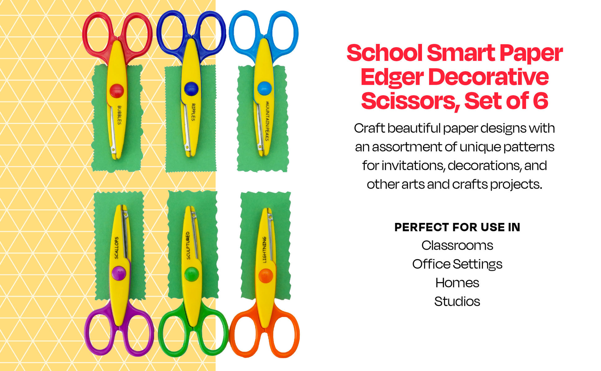 School Smart Paper Edger Decorative Scissors, set of 6 with assorted border patterns.