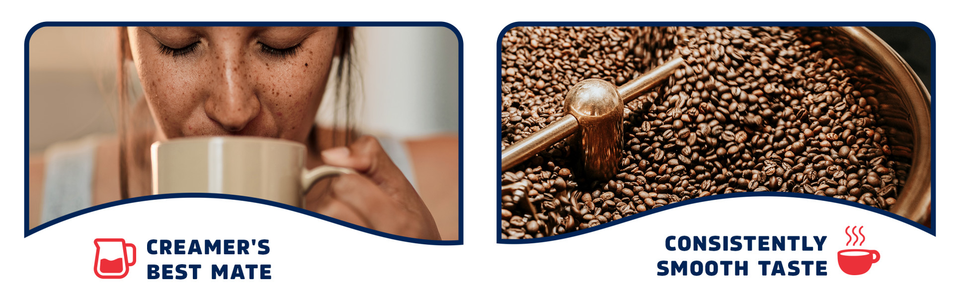 A freckle-face woman drinking coffee with her eyes closed. Tagline: A creamer's best mate.