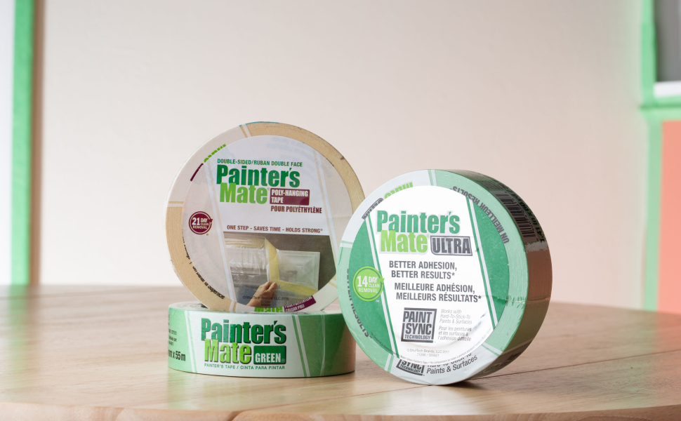 Painter's Mate Brand  tapes including Painter's Mate Poly Hanging Tape Tape, Painter's Mate Ultra and Painter's Mate Green rolls.