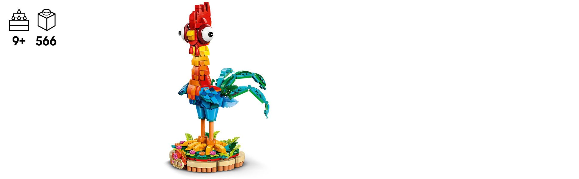 A colorful buildable chicken model with a rotating head, posable wings and tail feathers, a stand and a nameplate for display.
