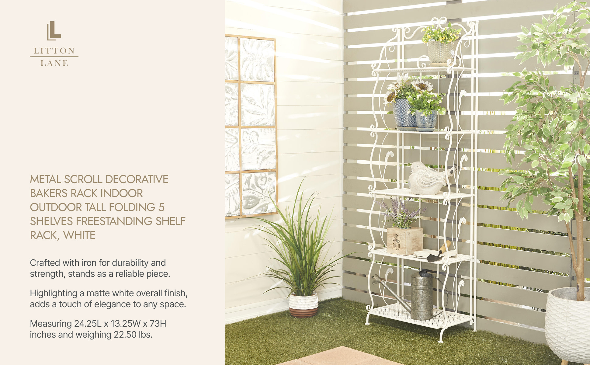 Litton Lane 73 in. H White Indoor Outdoor Tall Folding 5 Shelves Scroll Bakers  Rack 040852 - The Home Depot