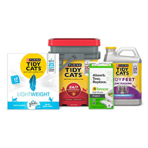 Tidy Cats LightWeight, 24 7 Performance, Tidy Feet Low Tracking, and Breeze products.