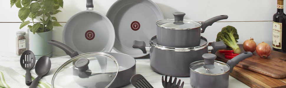 T-FAL T-fal Ceramic Fresh, 14 Pcs Recycled Ceramic Non-Stick pots and pans Cookware  Set, Grey C585SE64