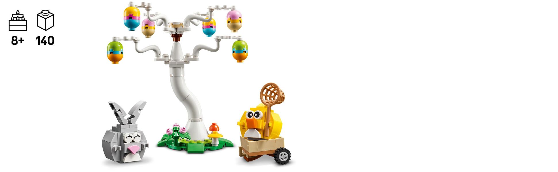 The toy offers adults and kids a building experience that inspires creative play, with a rabbit, bird, tree, 6 eggs and more.