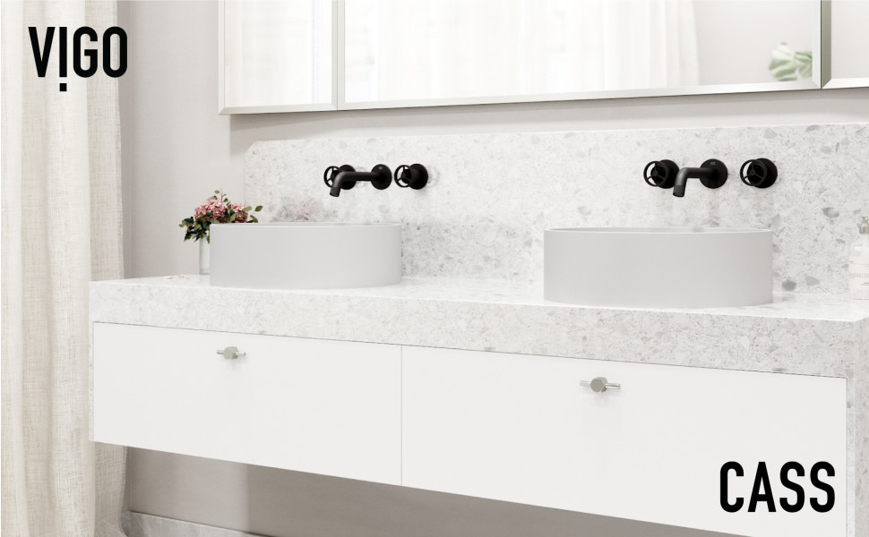 VIGO Cass Two Handle Wall Mount Bathroom Faucet in Matte Black