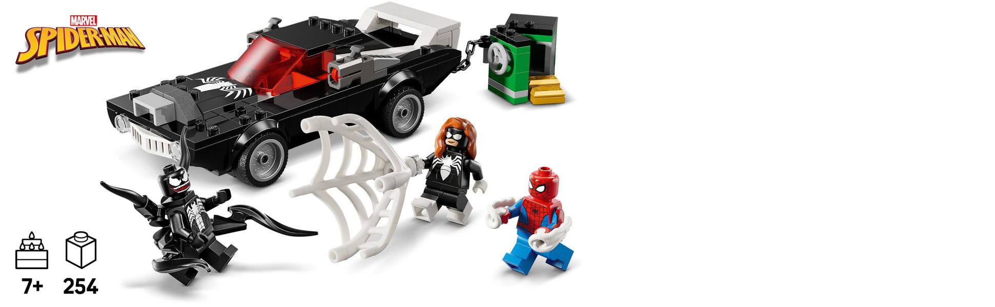 Kids swing into an adventure with Spider-Man and Spider-Woman when Venom escapes with stolen gold in his Venomized car.
