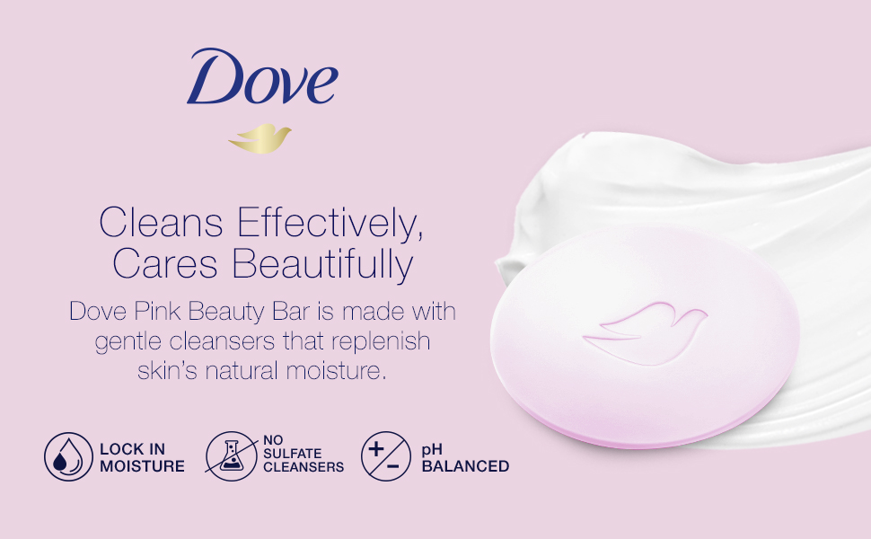 Image of Dove logo, Dove Pink Beauty Bar and 3 icons