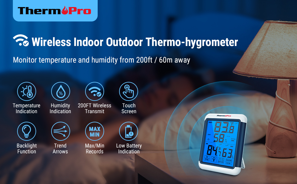 ThermoPro TP65 100M Wireless Digital Hygrometer Outdoor Temperature Humidity  Monitor Black light touch screen Weather Station