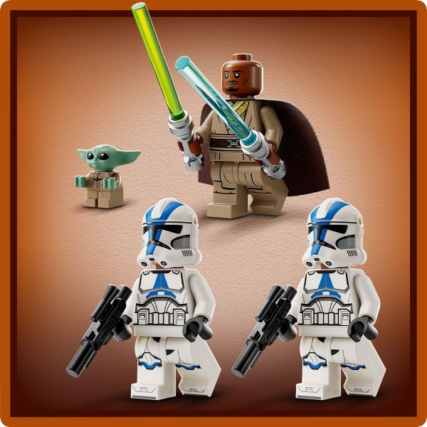 Kelleran Beq, Grogu and 2 501st Clone Troopers.