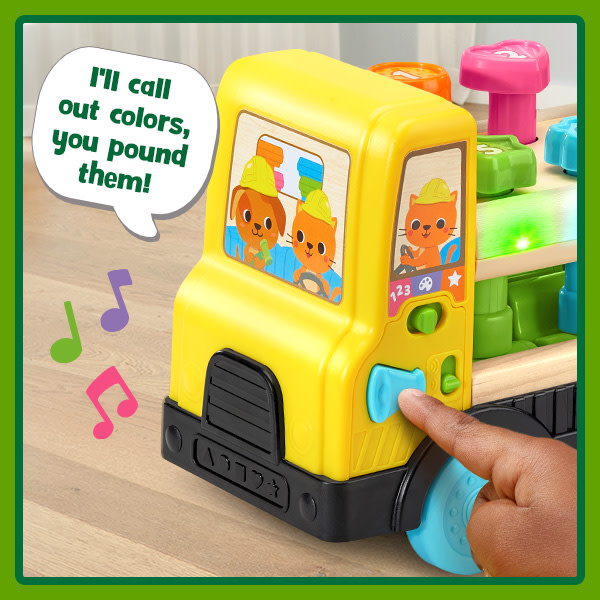 Kid pushes horn button on truck. Truck says: I’ll call out colors, you pound them!