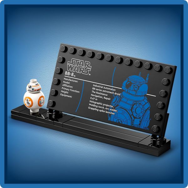 Display with the standard-size BB-8 LEGO figure and info plaque.