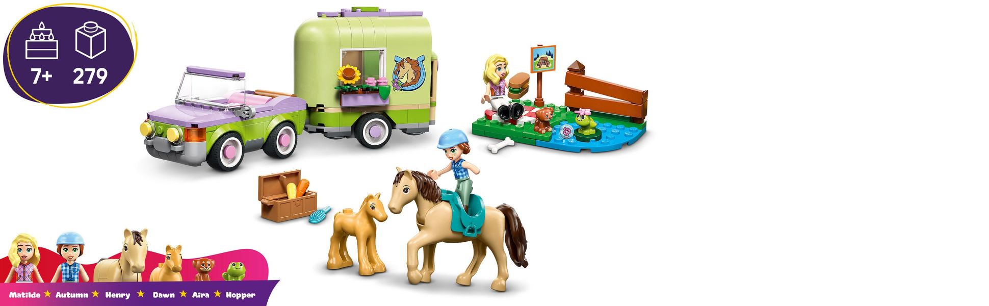 Kids who love animals can enjoy creative pretend play as they groom the horses, transport them in the trailer and ride over the jump.