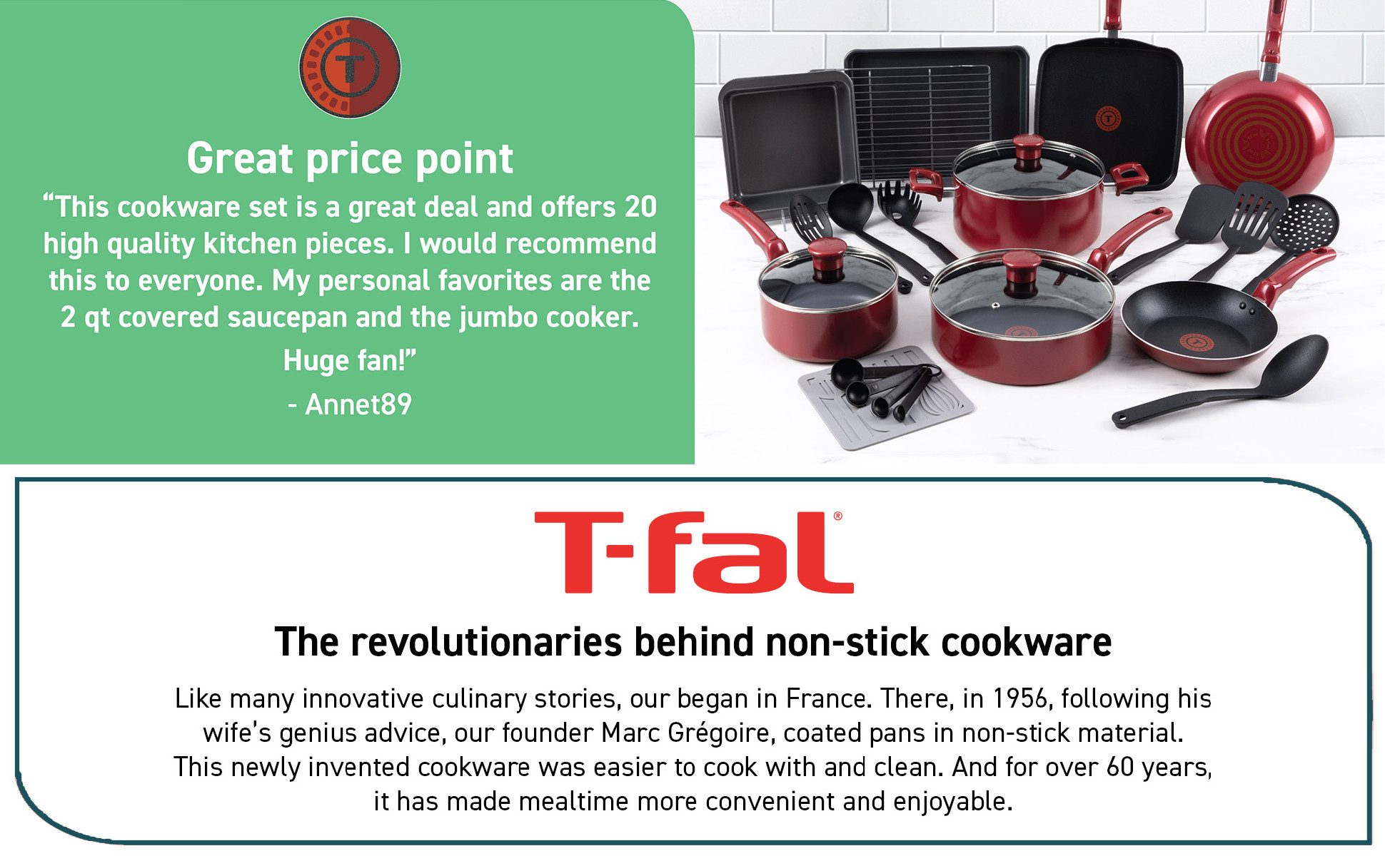 T-fal B496SLDI Kitchen Solutions 21pc Cookware Set, Red