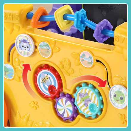 Side panel shown displays multiple spinning gears, mazes and beads that slide.