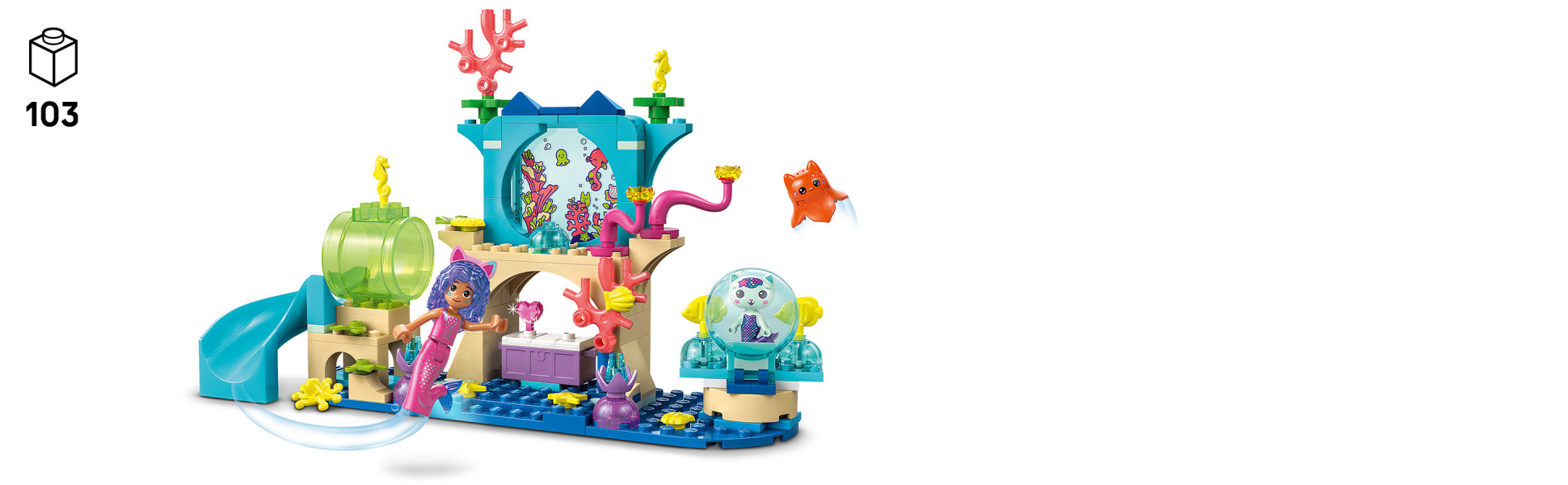 There’s lots to discover: shells, plants, sea life, a slide, a giant bubble to “float” in, a hidden treasure chest and more.