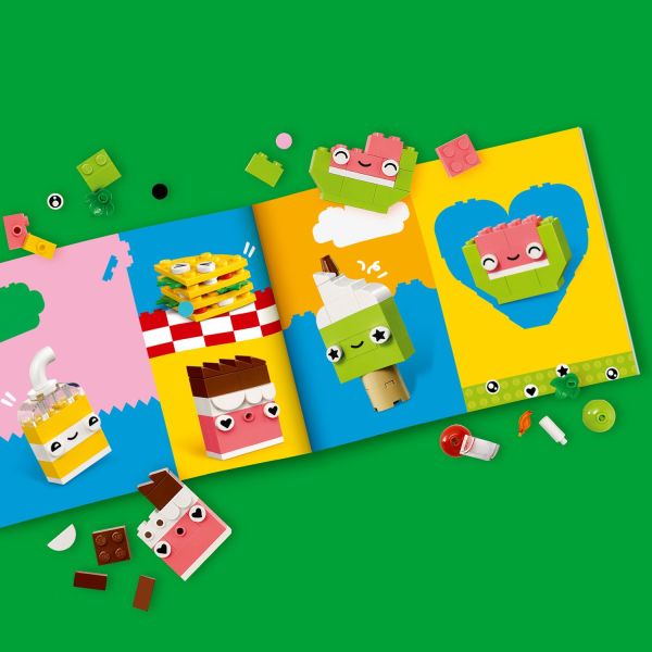 150 colorful bricks and pieces, including eyes and mouths.