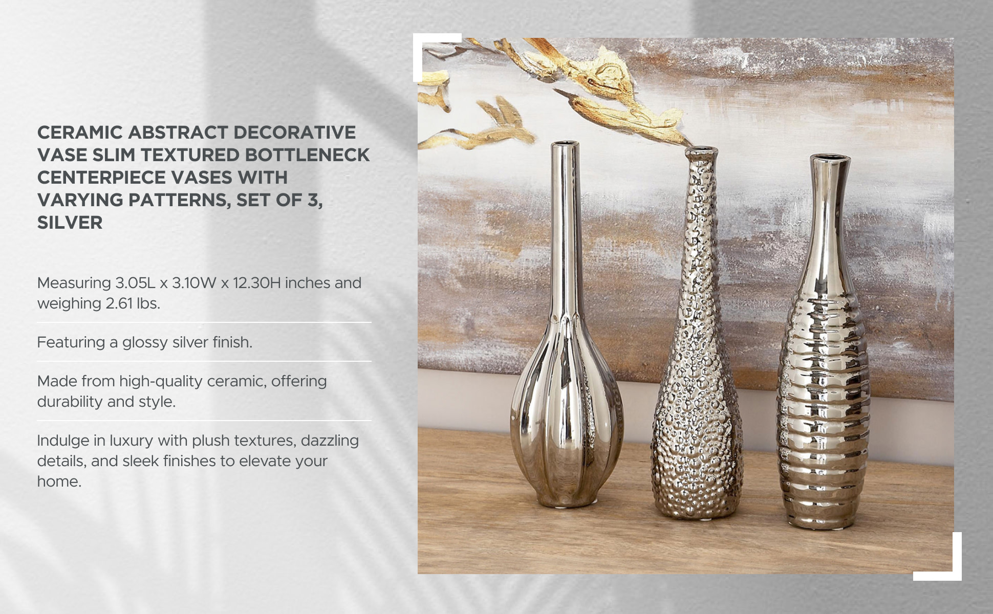 花瓶・フラワースタンド Silver Plated Set of 3 Connecting Vase Litton Lane 3 in., 12 in. Silver Slim Textured Bottleneck Ceramic