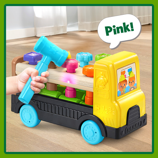 Kid uses blue toy hammer to tap the pink plastic nail. Truck glows pink & says: Pink!
