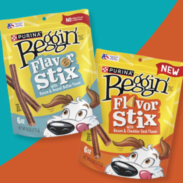 Image of Beggin’ Flavor Stix with Bacon & Peanut Butter and Flavor Stix with Bacon & Cheddar Jack.
