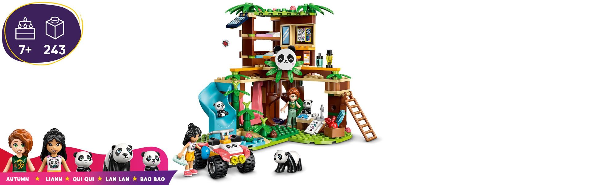 The set includes 2 minidolls, 3 panda figures, an ATV and lots of accessories so kids can create their own stories.