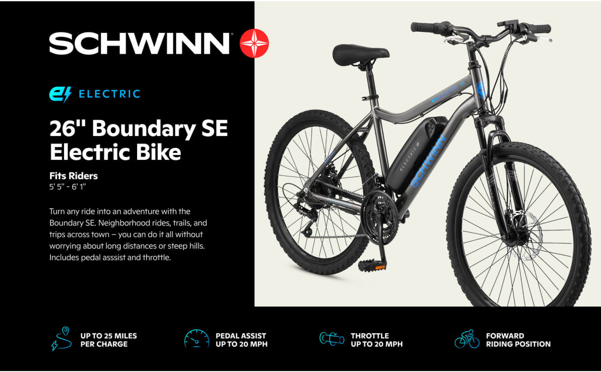 Schwinn 26 in. Boundary Unisex Electric Bike for Adults Throttle