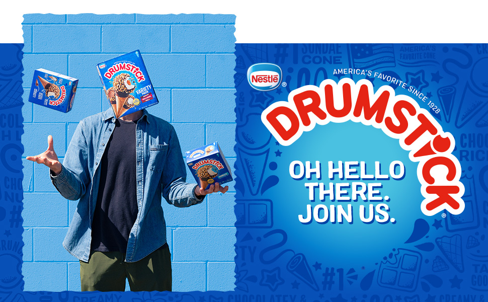 Person juggling drumsticks. "Drumstick. Oh Hello There. Join Us."