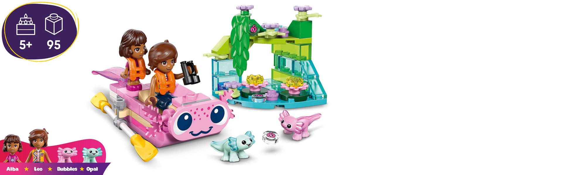 Comes with 2 characters and 2 mini axolotl toys so kids can create fun stories and explore the creature’s natural habitat.