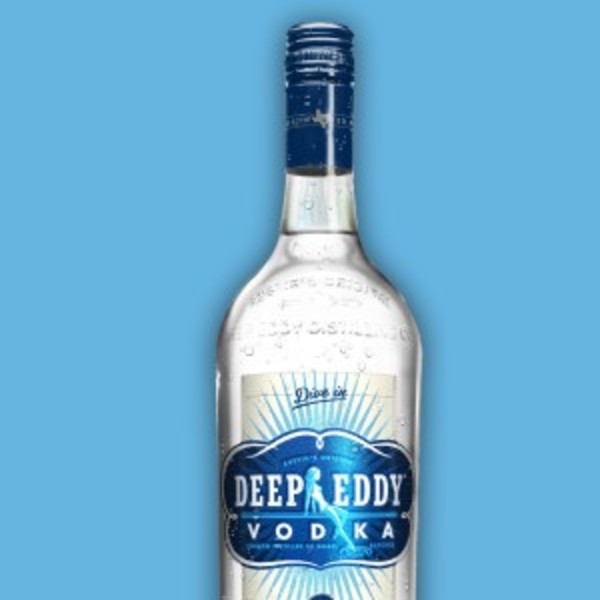 Deep Eddy Original Vodka bottle on blue background.