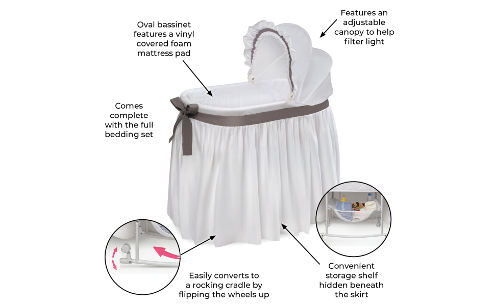 Wishes Oval Bassinet - Full Length Skirt - White/Gray 