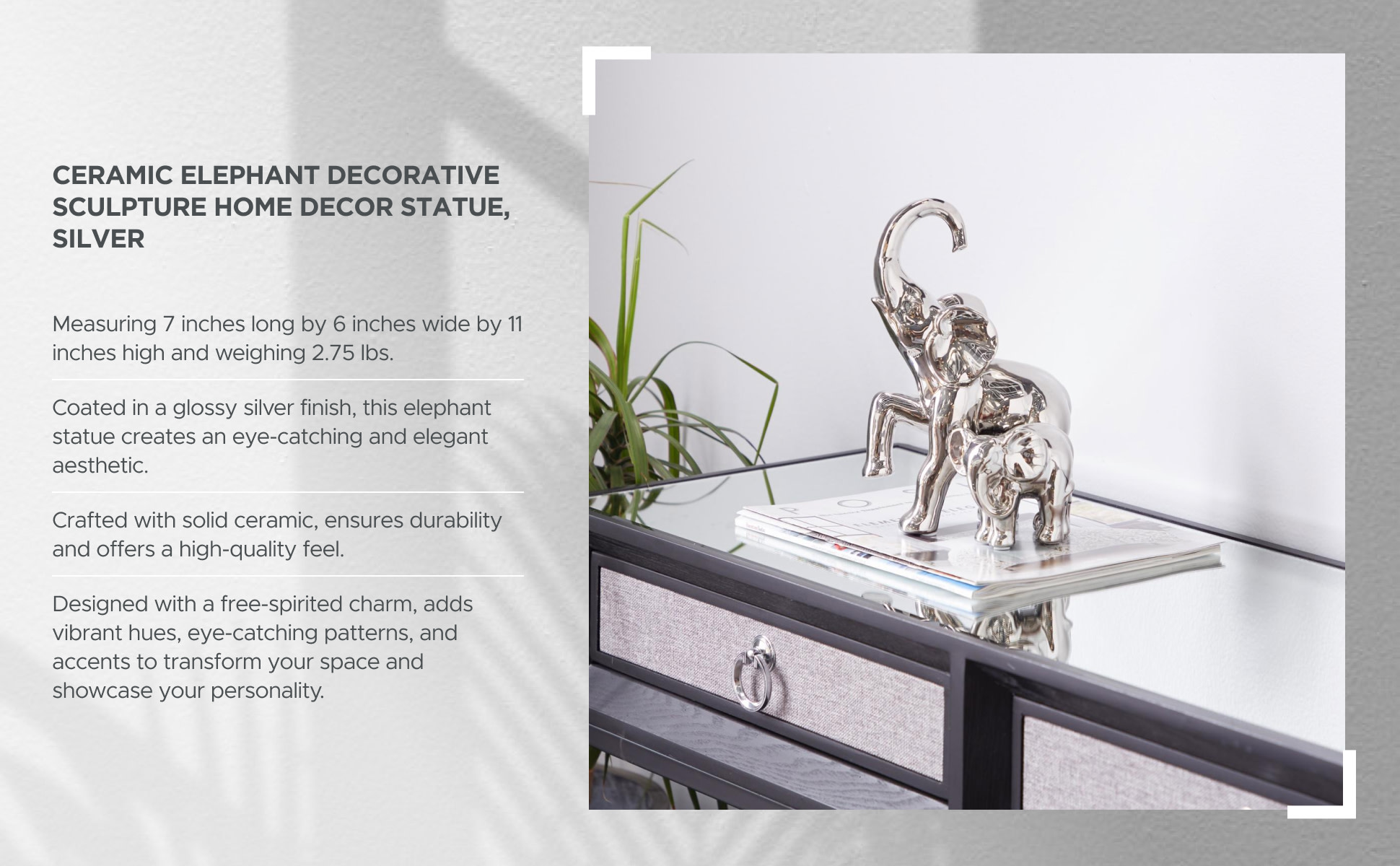 Litton Lane 6 in. x 11 in. Silver Ceramic Elephant Sculpture 92878 - The  Home Depot, image size:1940x1200