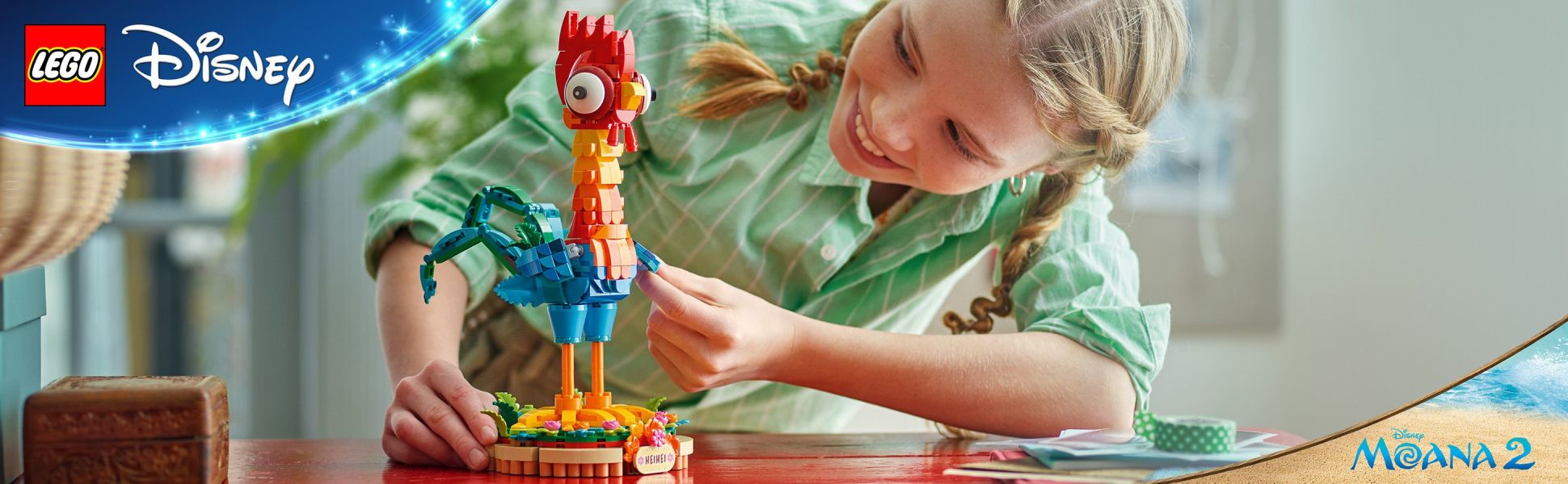Treat animal fans to a LEGO | Disney building set inspired by Disney’s Moana and Moana 2, with a posable chicken and a stand.