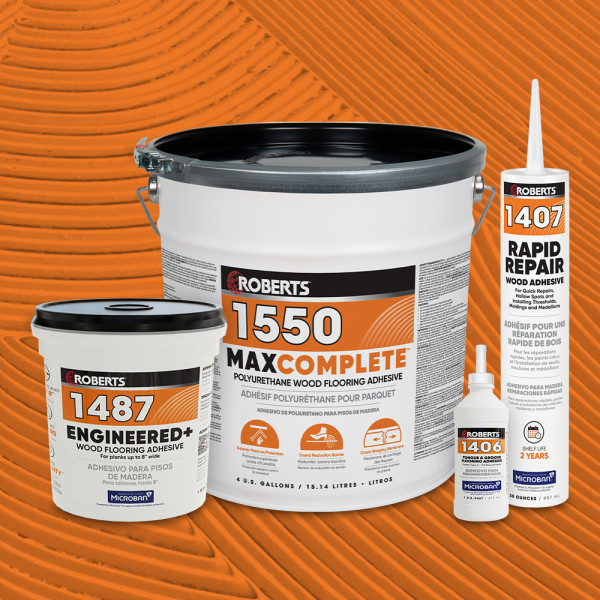 An image of a group of ROBERTS Wood adhesives against an orange textured background