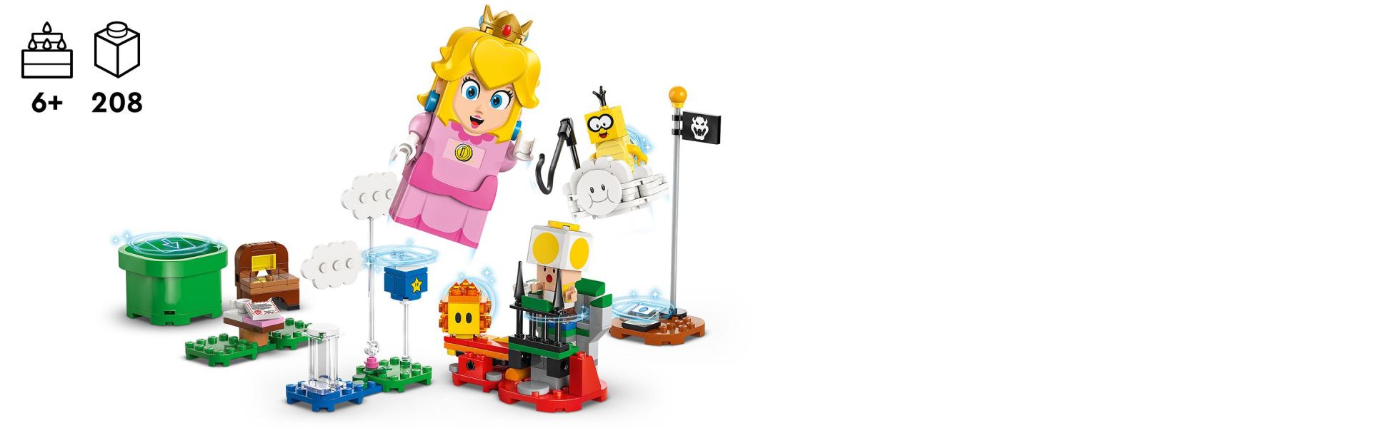 Travel from Start Pipe to Goal Pole, triggering digital reactions from LEGO Peach and collecting digital coins.