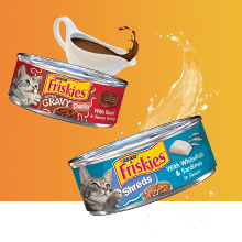 Friskies shreds with a cascade of sauce and gravy cat food cans shown with a full gravy boat