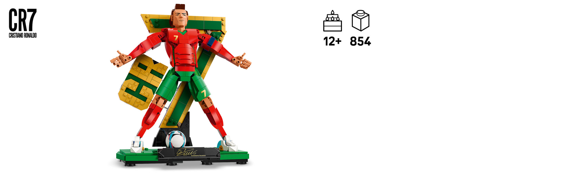 Assemble the Ronaldo figure in his signature celebration “siiiuuu” pose or performing his iconic bicycle kick.