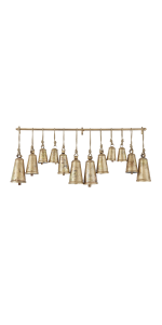 DecMode Tibetan Inspired Gold Metal Cylindrical Decorative Cow Bells with  12 Bells on Jute Hanging Ropes and Rod