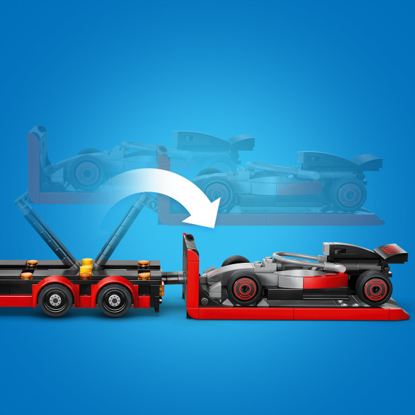 Lower the Audi F1 race car from the truck to ground level.