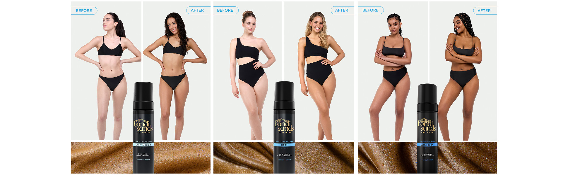 Before after imagery of Bondi Sands Tanning foam.