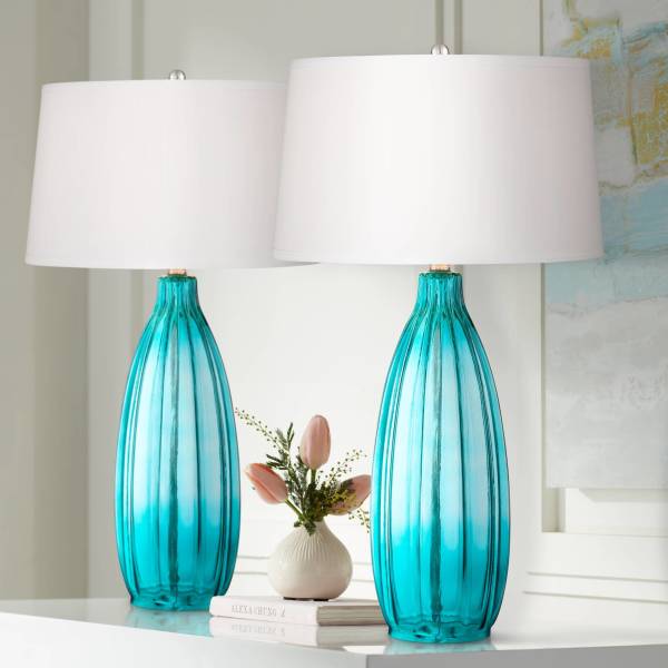 Blue glass deals table lamp set