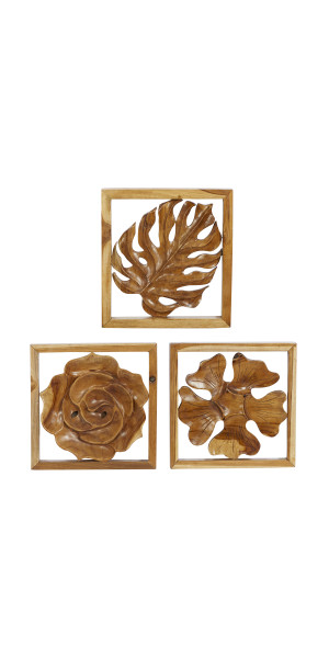 Brown Mango Wood Handmade Carved Leaf Wall Decor (Set of 3) - Small