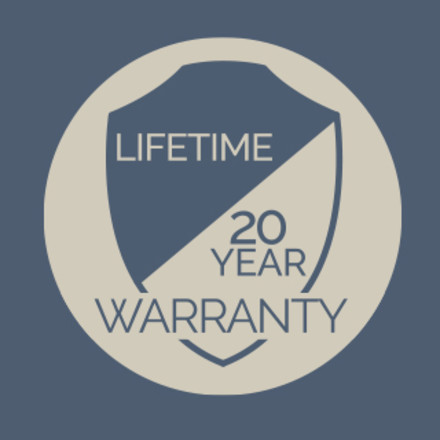 A beige circle on a blue background with a shield inside of it with the words “20 Year Lifetime Warranty” across the shield