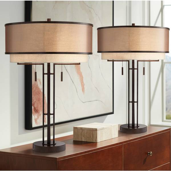 Franklin Brushed Bronze Metal Table Lamp - Black Fabric Lamp Shade