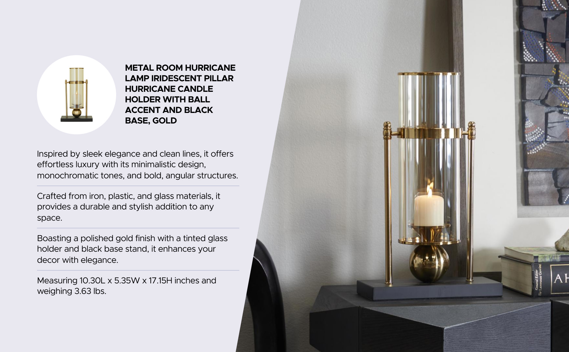 CosmoLiving by Cosmopolitan 17 in. Gold Metal Pillar Hurricane