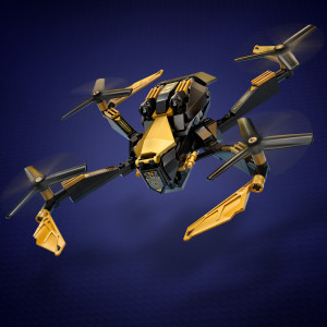 The giant drone has 4 rotating rotors.