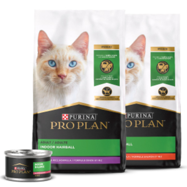 Two bags of Purina Pro Plan Indoor Hairball dry cat food and one can of indoor wet food