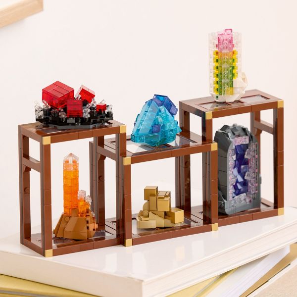 Rearrange the shelving units and mineral models as you wish.