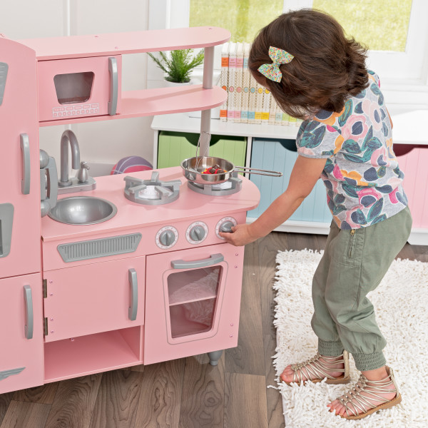 Play kitchen pink vintage - Retro Pink wooden toy kitchen for kids -  KinderSpell ®