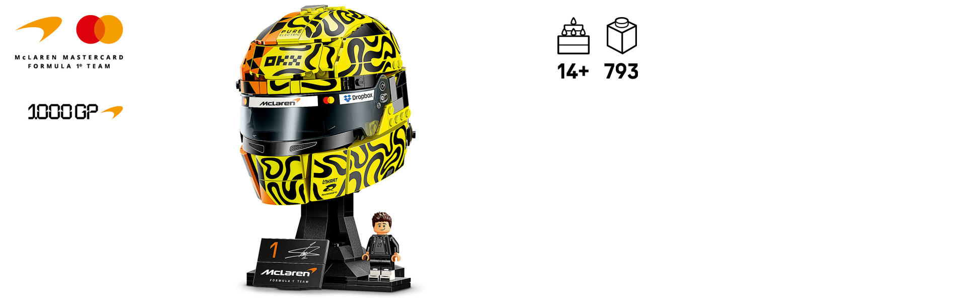 One side of the helmet is McLaren’s papaya color, while the other side is Lando’s signature fluorescent yellow and black pattern.